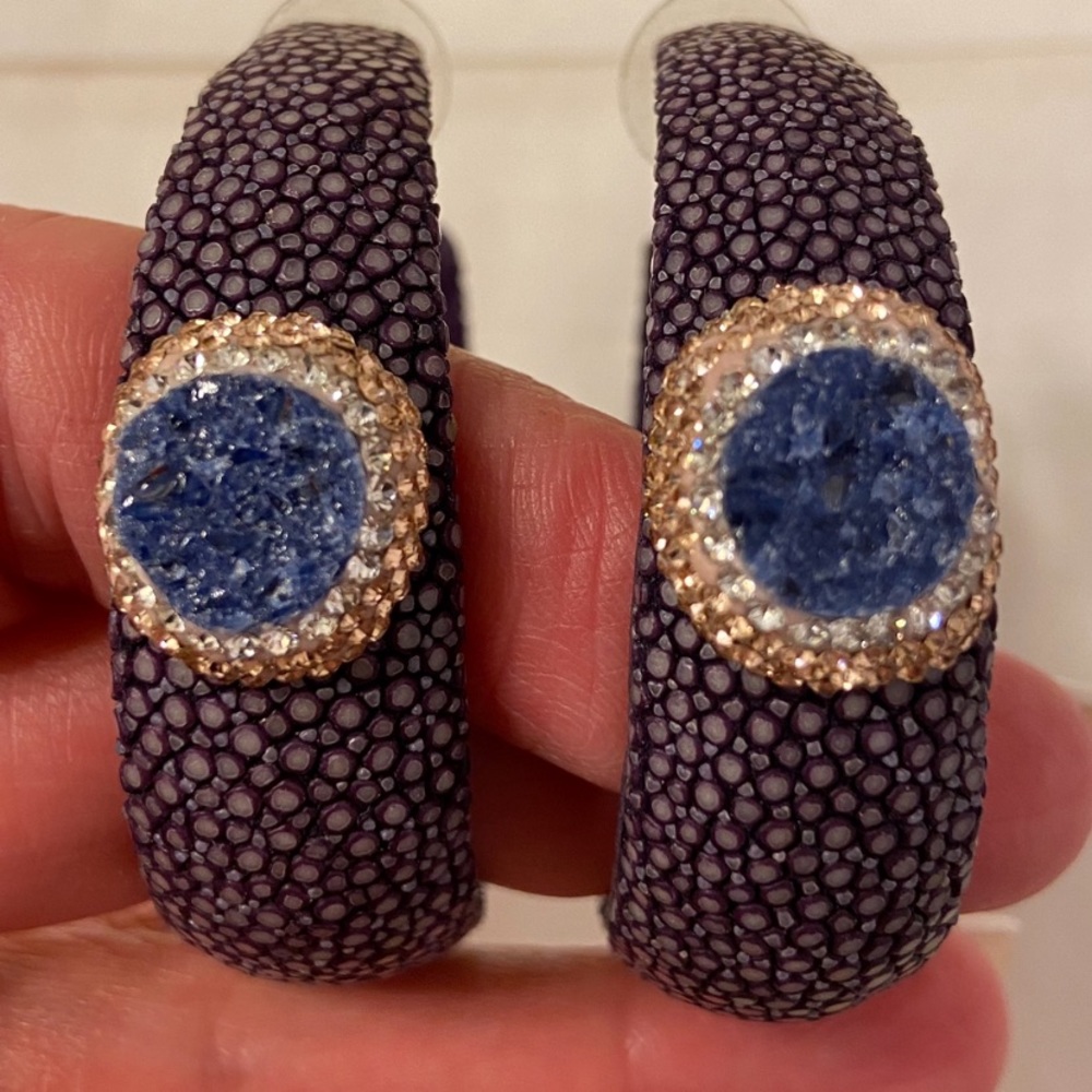 Stingray Leather Earrings w/Crystals & Druzy Stone